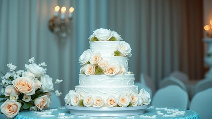 Three tier wedding cake with white and turquoise icing adorned with delicate white roses, created using generative AI technology, generative AI, romantic, event