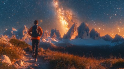 Solitary Runner Navigating Mountain Trails Under Starry Skies