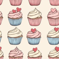 Seamless pattern of small and large cupcakes, with soft pastel colors and delicate shadows