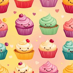 Seamless pattern of small and large cupcakes, with soft pastel colors and delicate shadows