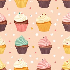 Seamless pattern of small and large cupcakes, with soft pastel colors and delicate shadows