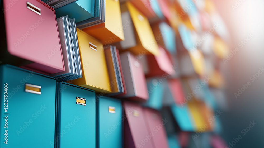 Poster colorful file boxes arranged in office or data center, creating vibrant and organized backdrop. brig