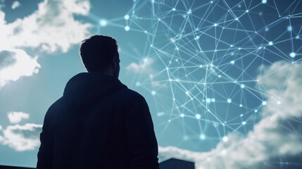 rear view black silhouette of man looking up at points connected by lines in sky