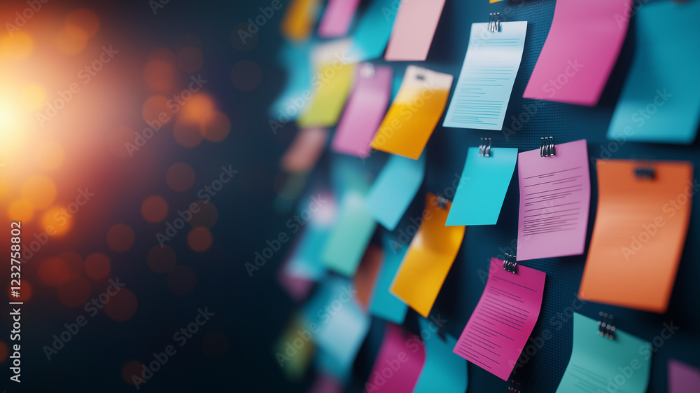 Poster colorful display of vibrant sticky notes on board, showcasing various colors and designs. background