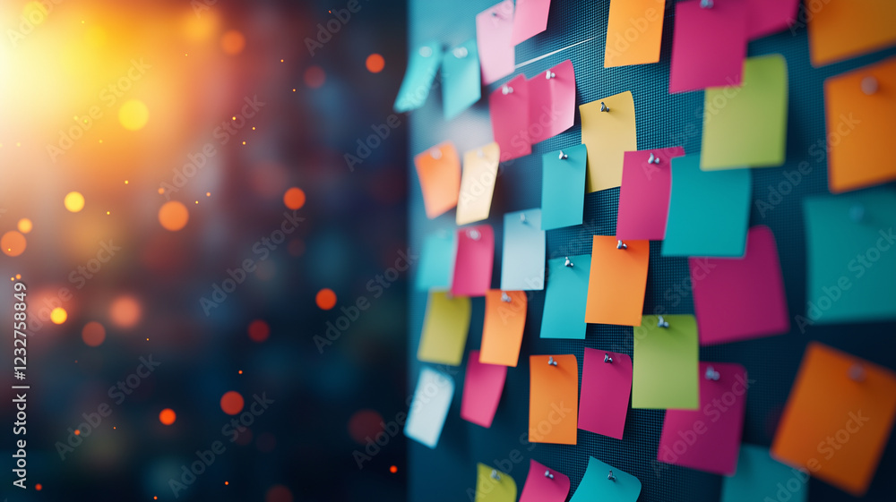 Poster colorful display of vibrant sticky notes on board, creating lively atmosphere. warm bokeh background