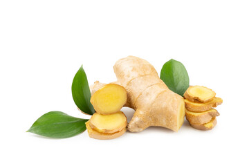 Fresh ginger and lemon isolated on white background. Sliced ​​ginger. Ginger root. Traditional...