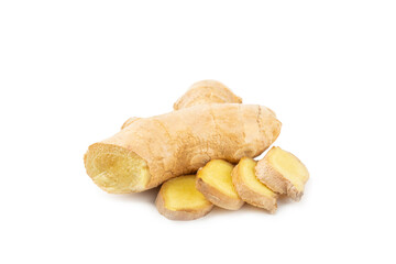 Fresh ginger and lemon isolated on white background. Sliced ​​ginger. Ginger root. Traditional alternative medicine, healing tea for immunity. Close-up.