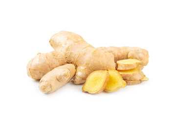 Fresh ginger and lemon isolated on white background. Sliced ​​ginger. Ginger root. Traditional alternative medicine, healing tea for immunity. Close-up.