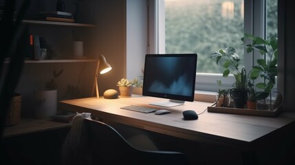 Modern Home Office Workspace with Computer, Warm Lighting, and Plants by Window