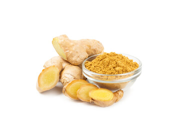 Fresh ginger and lemon isolated on white background. Sliced ​​ginger. Ginger root. Traditional alternative medicine, healing tea for immunity. Close-up.