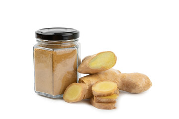Fresh ginger and lemon isolated on white background. Sliced ​​ginger. Ginger root. Traditional...