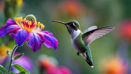 A Hummingbird Hovering Near a Vibrant Flower, Capturing Nature’s Beauty in Motion