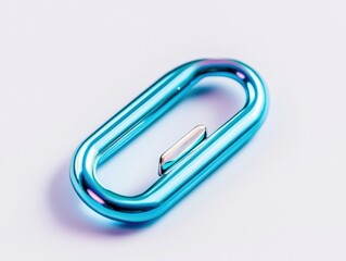 close-up of a single, shiny blue metal quick link on a white background