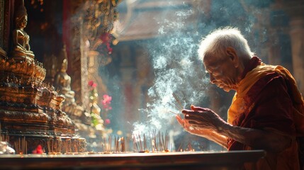 elderly Thai man lighting incense sticks and praying at a temple altar deep faith spiritual devotion traditional Buddhist Songkran ceremony Stock Photo with side copy space