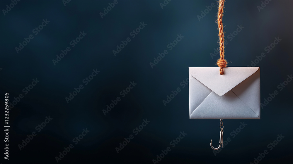 Poster white envelope hanging from rope with fish hook, creating unique visual contrast. dark background ad