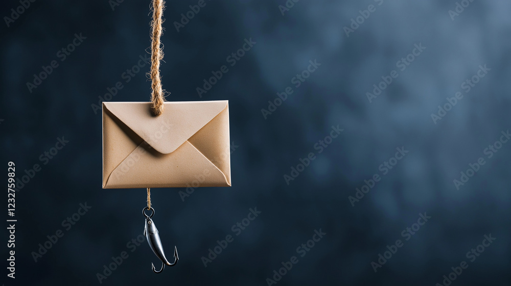 Poster brown envelope hanging on rope with fish hook, creating unique visual contrast. background is softly