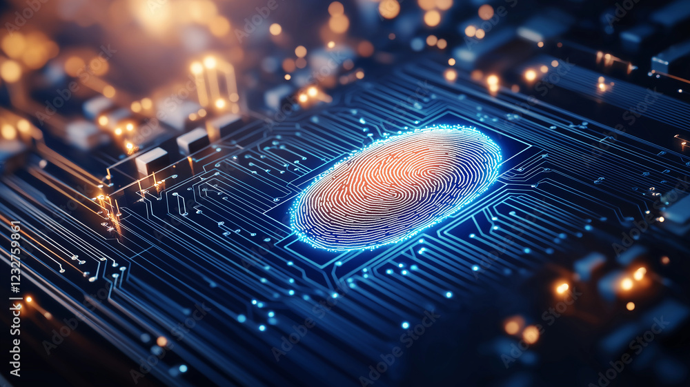 Poster fingerprint on glowing circuit board symbolizes security and technology. vibrant colors and intricat