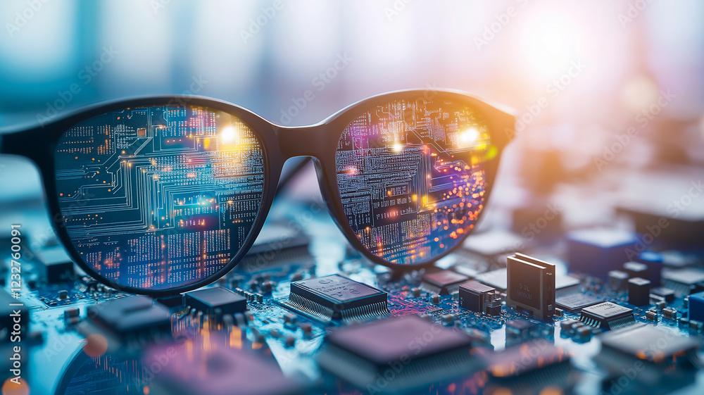 Poster glasses reflecting circuit board patterns, showcasing technology and innovation. vibrant colors and 