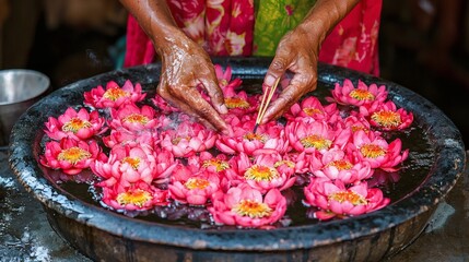 hands pressing lotus flowers and incense together in a respectful wai gesture at a temple entrance cultural reverence Buddhist tradition peaceful moment Stock Photo with side copy space