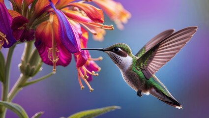 Naklejka premium A Hummingbird Hovering Near a Vibrant Flower, Capturing Nature’s Beauty in Motion