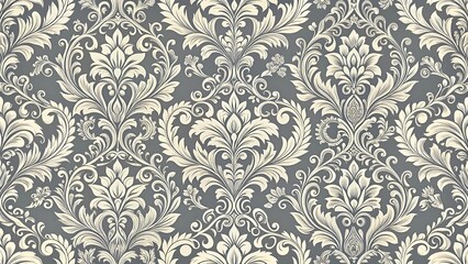 Classic Ornamental Gray Damask Pattern with Intricate Floral and Swirl Motifs for Elegant Wallpapers and Decorative Elements 