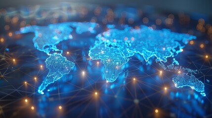 An eyecatching world map featuring luminous blue network connections that illuminate the expansive digital landscape