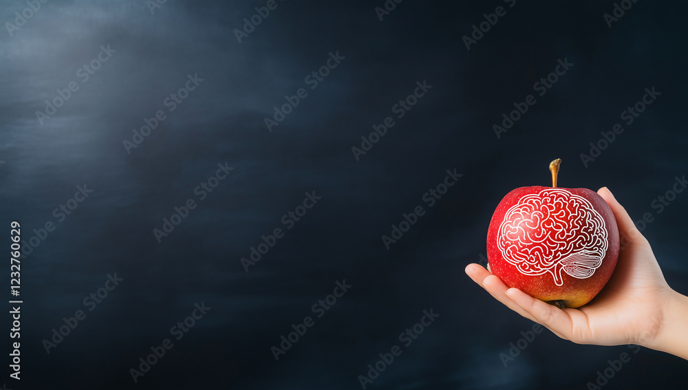 Poster hand holding red apple with brain pattern on it, symbolizing creativity and knowledge. dark backgrou