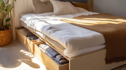 Cozy bedroom with neatly organized bedding and storage drawers showcasing minimalist design elements