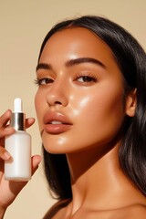 Beautiful Young Woman Holding Skincare Product Against Beige Background
