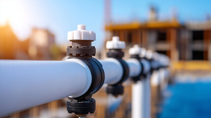 Pipes and valves in construction site with blurred background, showcasing plumbing work. image captures essence of modern building projects and infrastructure development