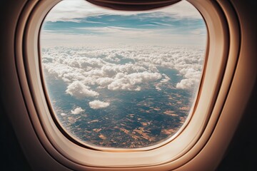 The sunrise reveals a vista of white clouds and blue sky from above the airplane window