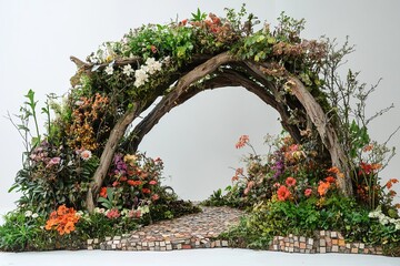 Fototapeta premium A large, mosaic-like wooden arch with numerous flowers and plants growing on it