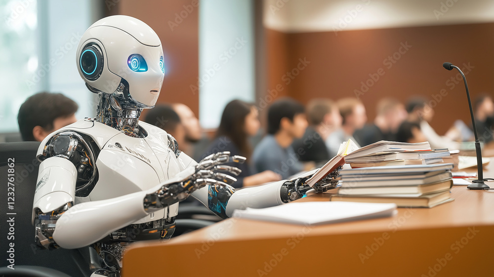 Poster futuristic robot teaching students in classroom setting, surrounded by books and engaged learners. a