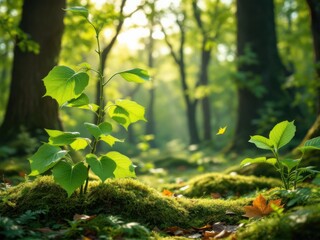 Vibrant Forest Floor with Young Saplings and Sunlight"