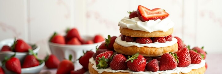 Vintage style three tier cake decorated with fresh strawberries and cream, nostalgia, celebration, strawberries