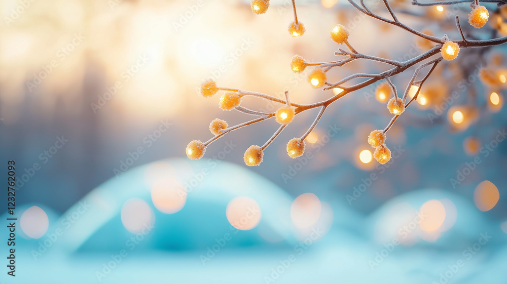 Poster frosted branches with glowing berries in winter forest, creating magical atmosphere with igloo rooms