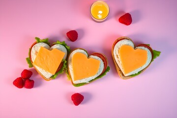 Naklejka na ściany i meble overhead shot, pastel colors, warm candlelight. Three heart-shaped sandwiches on pink surface. Lettuce, tomato, and orange cheese filling. Sandwiches arranged in a triangle,