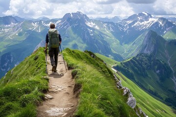 Fototapeta premium Trail To Mountain. Hiker following the trail on top of mountain range.