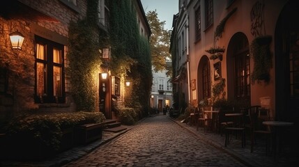 Fototapeta premium Charming Cobblestone Alleyway with Warm Street Lights and Lush Green Vines in the Evening