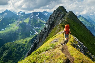 Fototapeta premium Trail To Mountain. Hiker following the trail on top of mountain range.