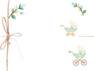 Watercolor illustration baby shower card with eucalyptus and baby stroller on white background clipart postcard invitation wrapping, tags, wrapping, baby shower