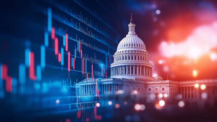 U.S. Capitol building stands prominently against backdrop of stock market graphs, symbolizing intersection of politics and finance. vibrant colors evoke sense of urgency and dynamism financial