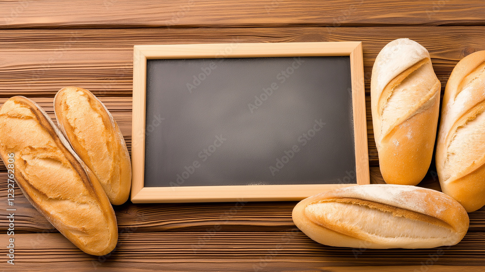 Poster freshly baked bread loaves arranged around empty chalkboard on rustic wooden background, perfect for