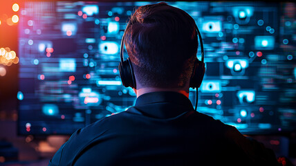 hacker wearing headphones is focused on large screen displaying digital data and graphics, creating intense atmosphere of technology and cybersecurity
