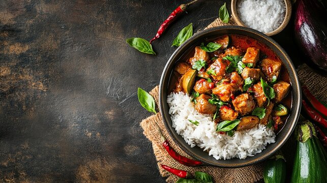 Spicy Thai pork curry served with rice and garnished with herbal vegetable ingredients such as chilli and eggplant on a rustic background.