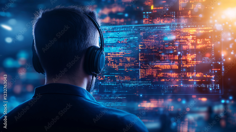 Poster hacker wearing headphones analyzes data on glowing screen, immersed in technology. vibrant colors an