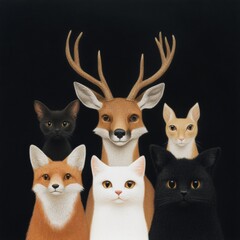 portrait of a deer, fox, and three cats on a black background