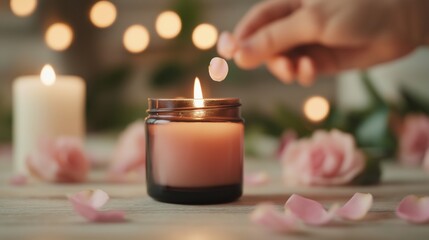 Hand placing petal near candle with soft pink roses and ambient lighting