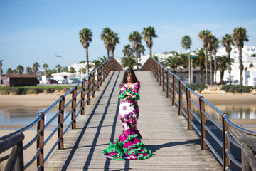 Latin woman, brunette, with flowing hair, dancing flamenco on a wooden catwalk by the seashore. The...