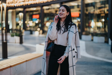Stylish young woman in a striped coat smiling and communicating on her phone outdoors in an urban...